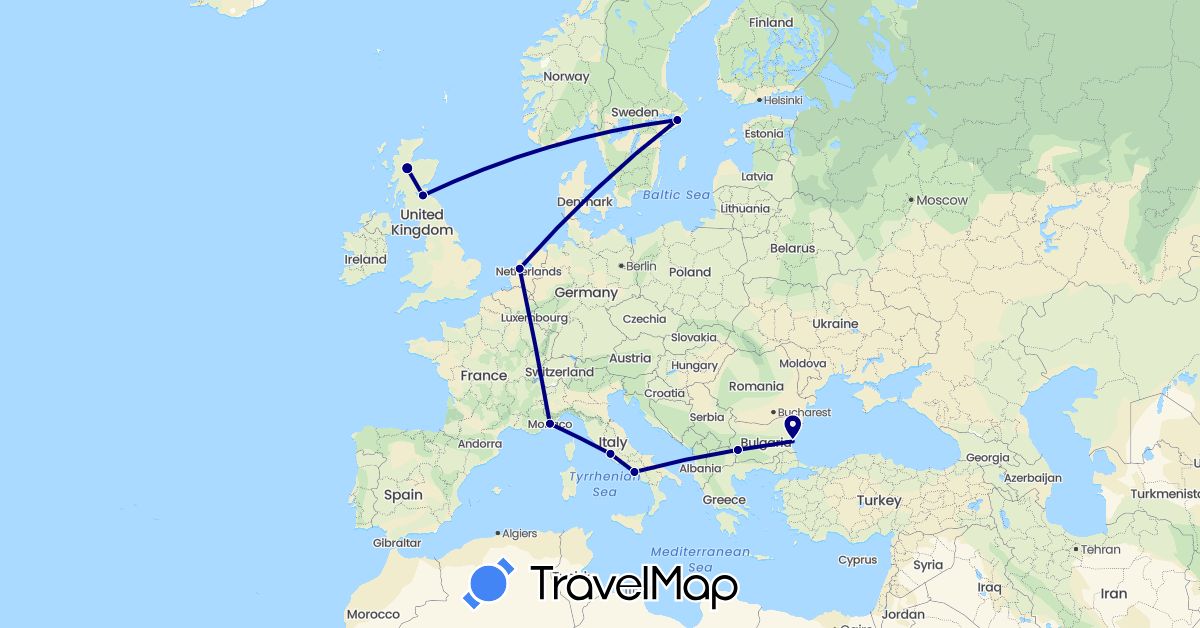 TravelMap itinerary: driving in Bulgaria, United Kingdom, Italy, Monaco, Netherlands, Sweden (Europe)